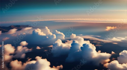 Sunlit Clouds in Blue Sky. Sky filled with fluffy white clouds on a sunny day photo