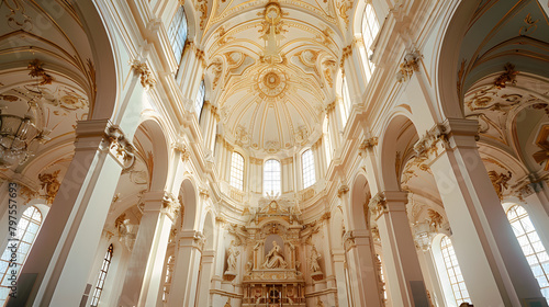 An ivory Baroque style basilica with three expansive windows. each displaying elaborate Baroque arches. 