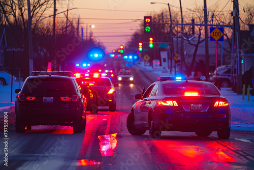 Two police vehicles stop a sedan on a routine traffic stop 