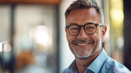 Smiling 45 years old banker, happy middle aged business man bank manager, mid adult professional businessman ceo executive in office, older mature entrepreneur wearing glasses, Generative Ai