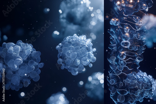 3D houdini render. In vitro before & after of cell multiplication, the left has a few cells only and the right ride has a lot of cells and they all shine vitality. 