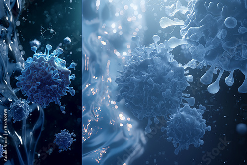 3D houdini render. In vitro before & after of cell multiplication, the left has a few cells only and the right ride has a lot of cells and they all shine vitality. 