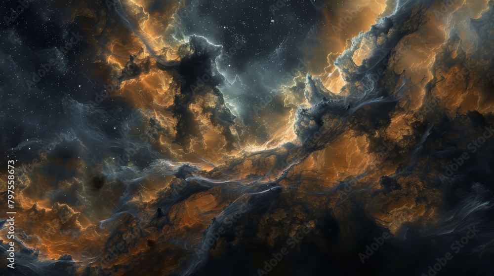 Dramatic Nebula with Dark Clouds and Golden Highlights
