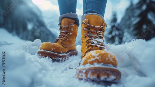 Walking on crisp, fresh snow in winter boots. Warm clothes. Close-up. photo