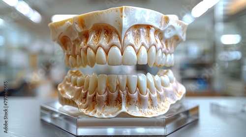 The model of a dental jaw with implants, teeth, images of dental nerves and tartars, used to inform clients of a dental clinic. Closeup view of a dental jaw with implants, teeth, images of dental photo