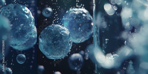 3D houdini render. In vitro before & after of cell multiplication, the left has a few cells only and the right ride has a lot of cells and they all shine vitality.  photo