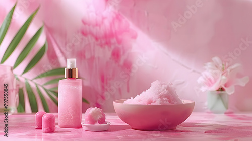 Pink Table With Bowl of Pink Stuff and Bottle of Lotion