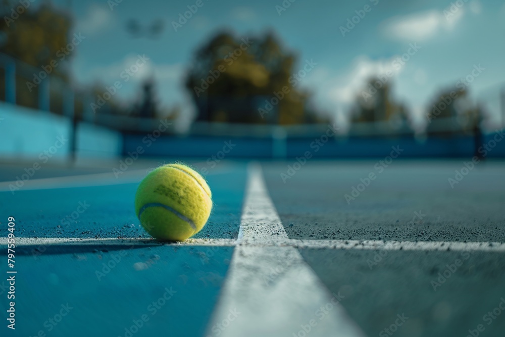 A tennis ball is sitting on a tennis court