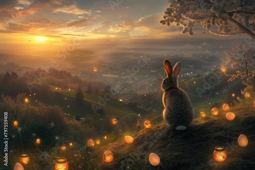 Big brown rabbit sitting under the tree at hill while looking at twilight sky with fantasy glowing lamp. Happy cute bunny watching sunset with orange sky and glowing light. Easter day. Hare. AIG42.