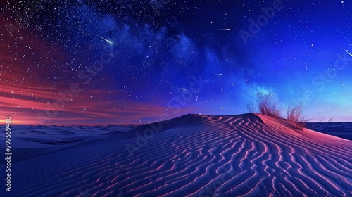 Starry Night Sky with Shooting Stars over Sand Dunes 