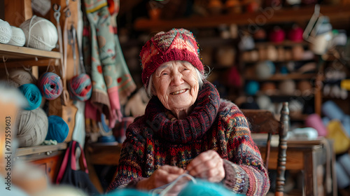 An old woman with arthritis is smiling while knitting in a countryside craft store. 