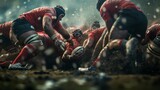  A fierce rugby scrum captured in intense close-up, showcasing the raw power and determination of the players

