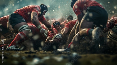  A fierce rugby scrum captured in intense close-up, showcasing the raw power and determination of the players
 photo