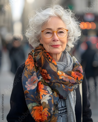 An elderly woman with white hair and stylish clothes. Smiling happily in the middle of a big city. It represents a happy later life. Suitable for savings campaigns or for advertising life insurance.