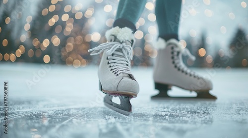 A figure skater gracefully gliding across the ice, leaving behind a trail of shimmering sparks from their blades photo