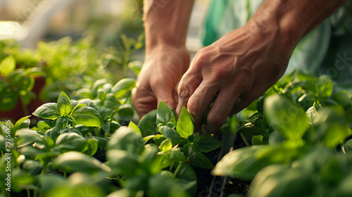 An up-close image of hands setting down basil plants in an attic garden. with vegetation and cityscape discernible behind.  photo