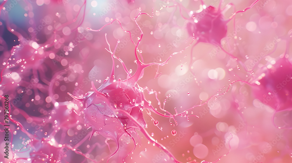 An up-close observation of neuronal cell patterns against a pink background. with a number of cells in the middle and minute particles surrounding them. The dominant color scheme is mainly light pink An up-close observation of neuronal cell patterns against a pink background. with a number of cells in the middle and minute particles surrounding them. The dominant color scheme is mainly light pink