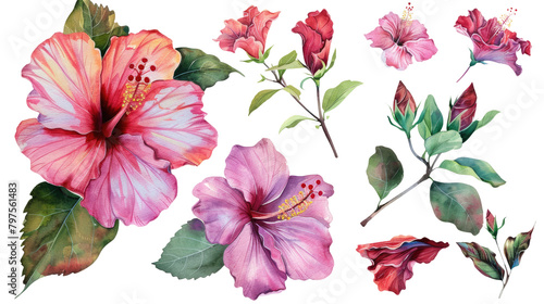 Set of hibiscus clipart flowers watercolor isolated on white or transparent background png cutout