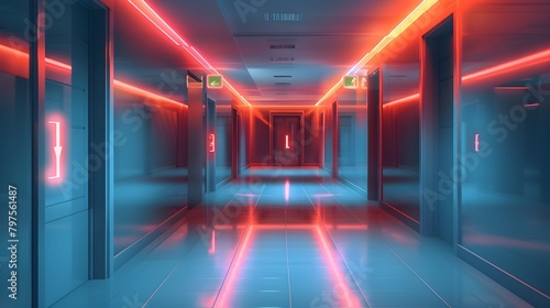 Detailed Emergency Exit Route in a Modern Office Building with Glowing Signage and Clear Pathways photo