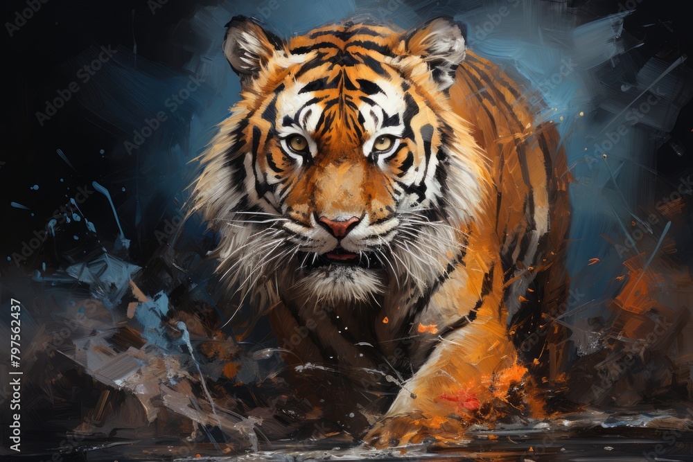 A portrait expressionistic painting of a tiger, focusing on capturing its energy and intensity