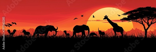African Wild Animals Silhouettes Against A Sunset. Africa day. World Wildlife Day. World Animal Day. Copy Space © Otseira