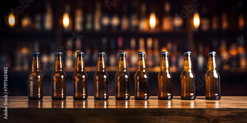 Row of bear bottles on the wooden table background with blur bear bar, brown bear bottles in the bar, generative AI