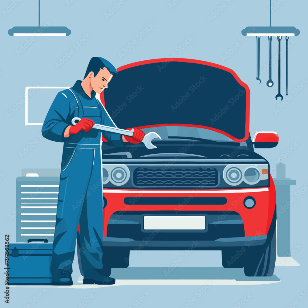 illustration of a technician repairing a vehicle engine illustration of a technician repairing a vehicle engine