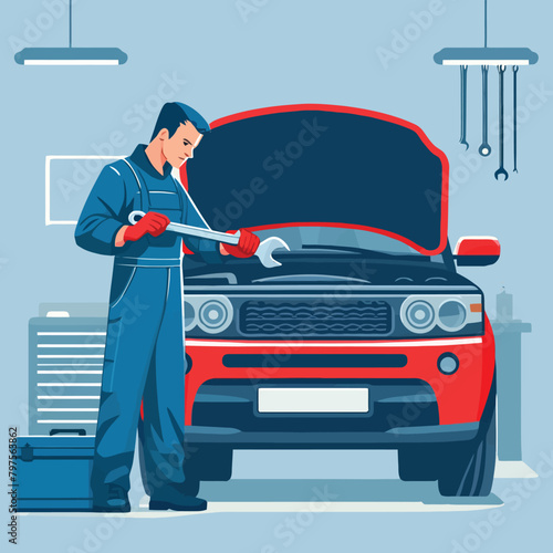 illustration of a technician repairing a vehicle engine