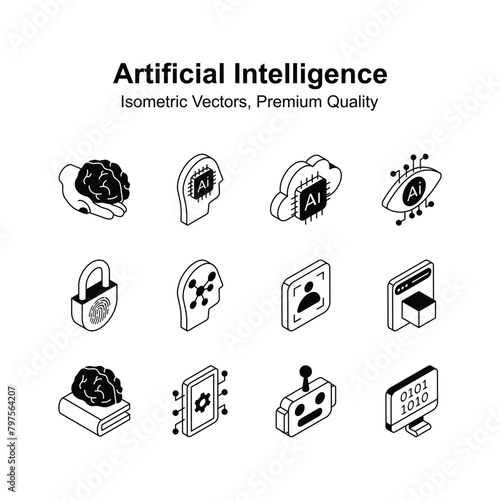 Get this amazing isometric icons set of artificial intelligence, ready to use vector