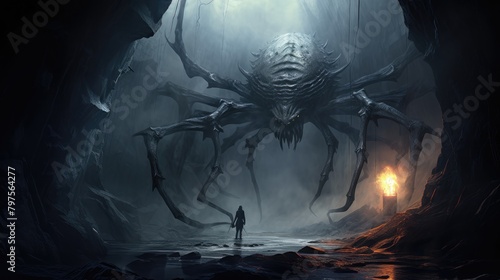 a illustration giant monster spider is confronting someone in the dark, AI Generative photo