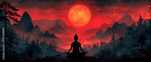 Person meditates under orange afterglow of full moon