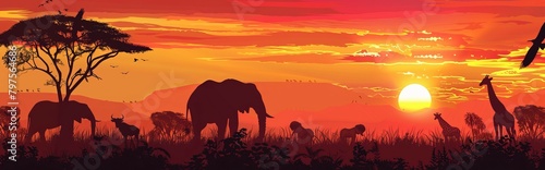 African Wild Animals Silhouettes Against A Sunset. Africa day. World Wildlife Day. World Animal Day. Copy Space