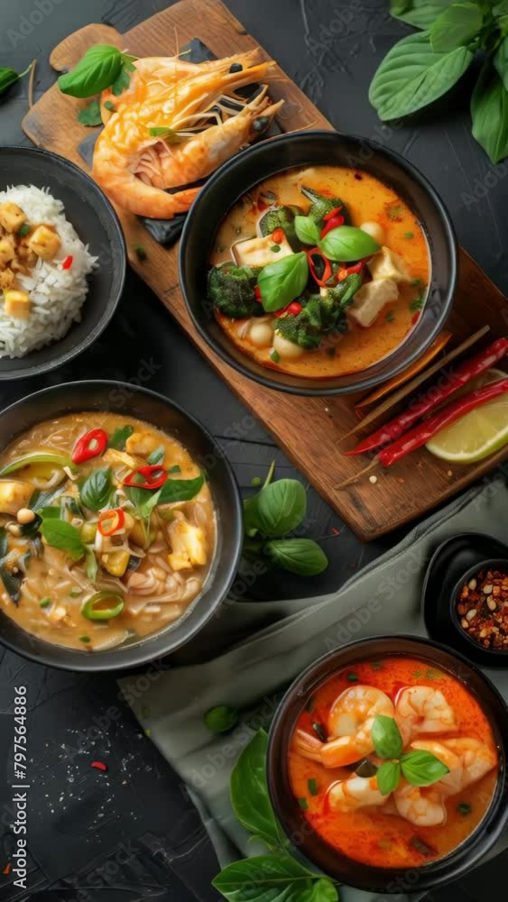 A table with a variety of Asian dishes including shrimp, soup, and rice A table with a variety of Asian dishes including shrimp, soup, and rice
