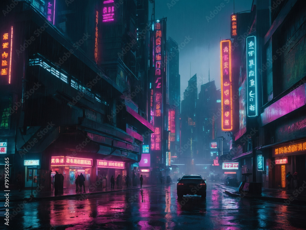 Futuristic cyberpunk temple in rain-soaked city, neon lights.