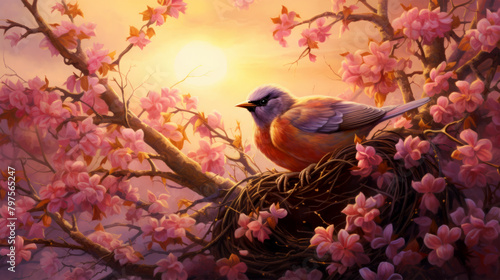 cute bird with flowers on background