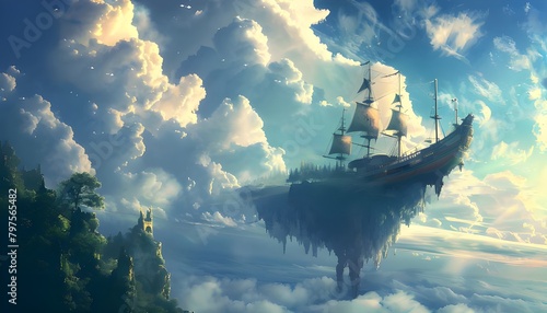 Fantasy landscape with flying ship © thiraphon