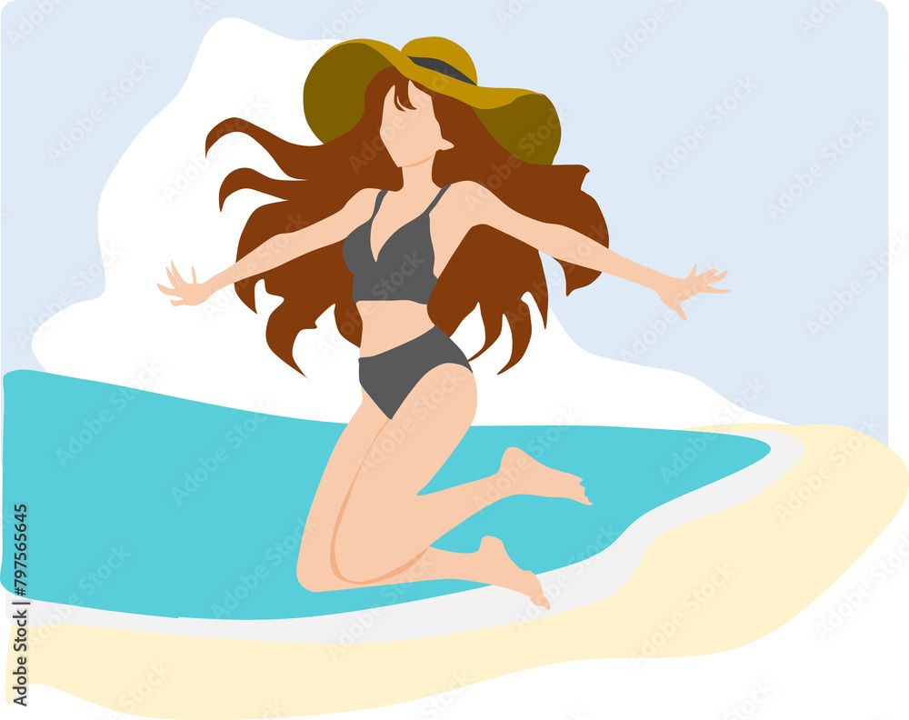 波打ち際(海・浜)でジャンプをする女性のイラスト
