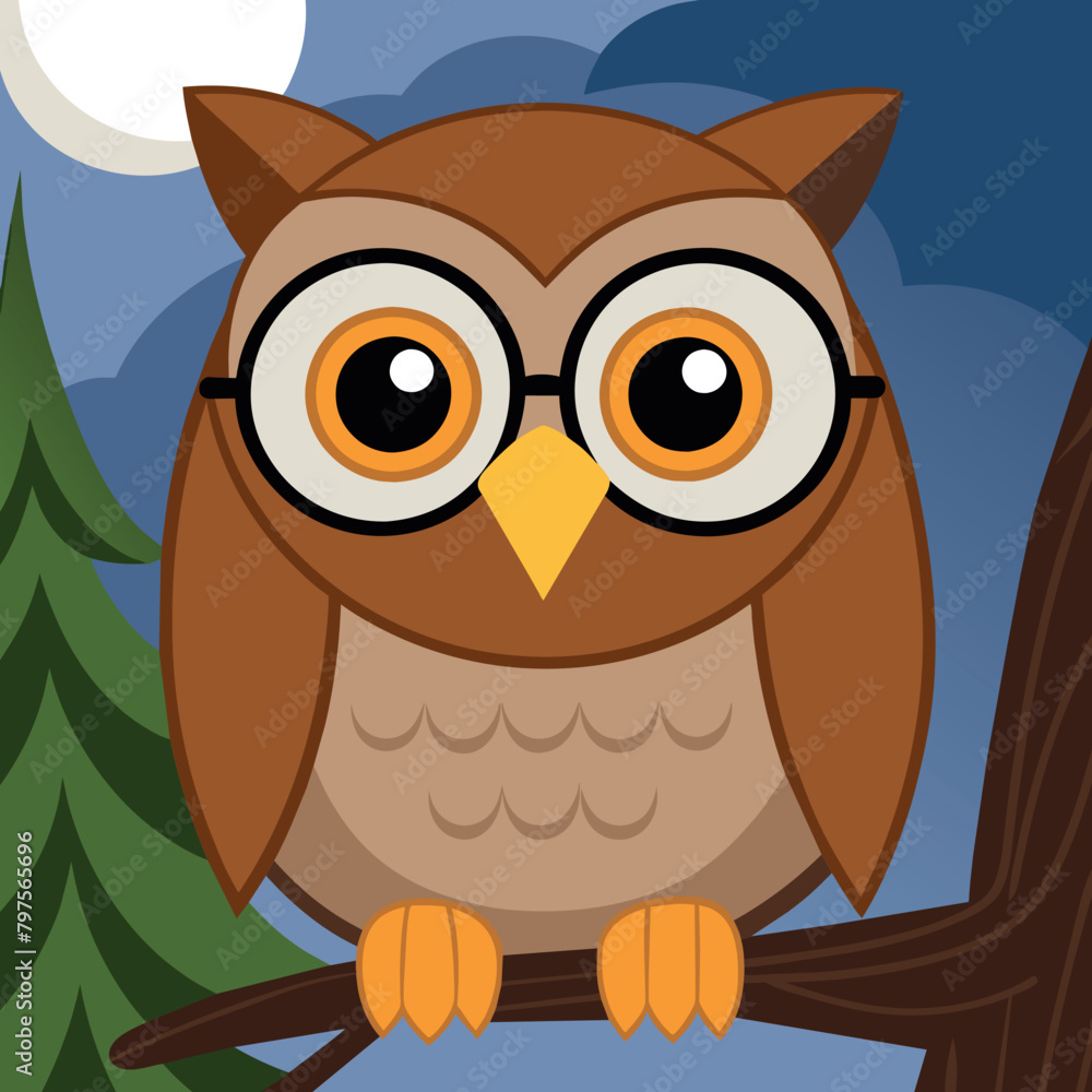 the wise owl with big eyes and glasses looking around in the tree at night