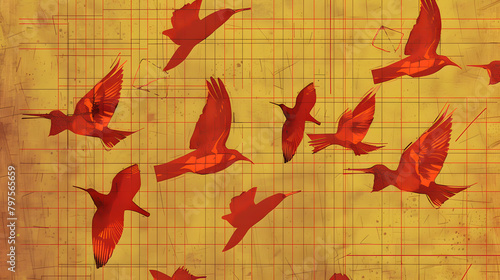 Brown background with yellow grids and red colored bird shapes. 