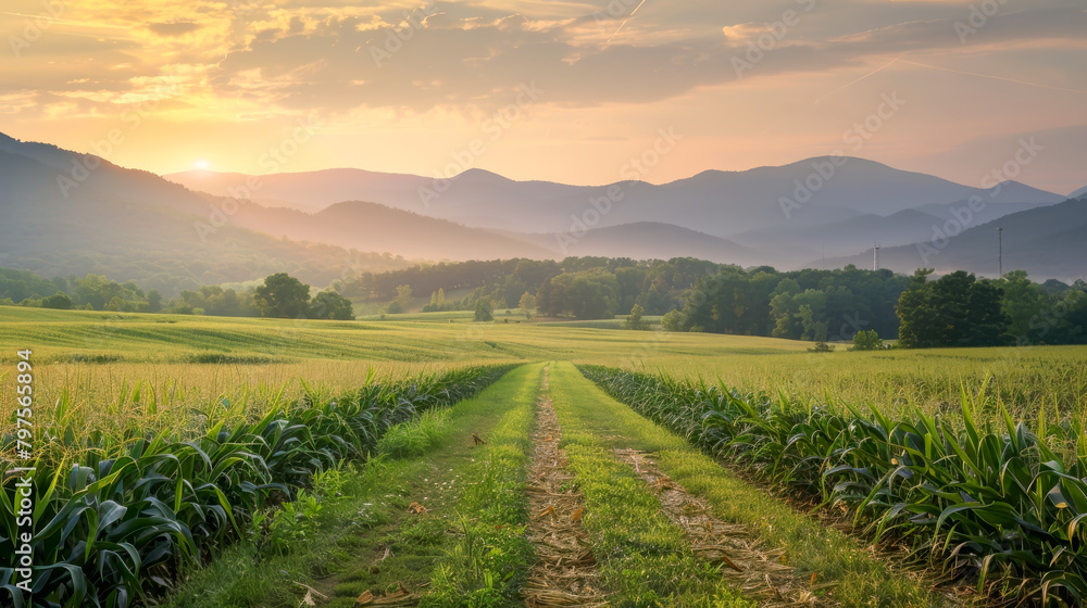 Corn field, agriculture field  in sunset light.