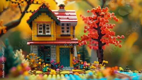 a real photography of miniature of a house made of Lego in fun theme color