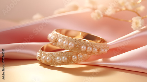 wedding rings with pearl son pink color and looking so nice with pink background photo