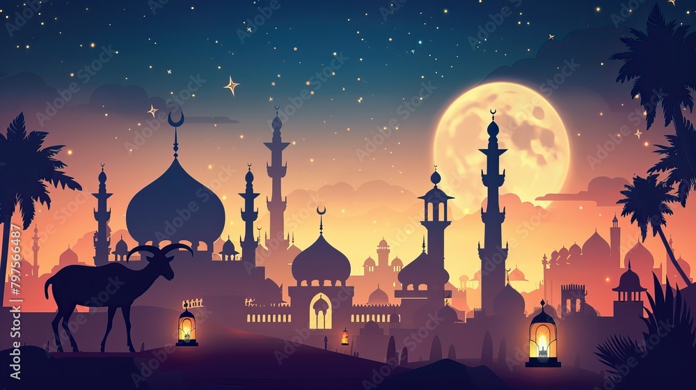 illustration vector graphic of mosque and goat in silhouette with glowing lantern for mubarak. good for background, banner, card, poster template AI Generated