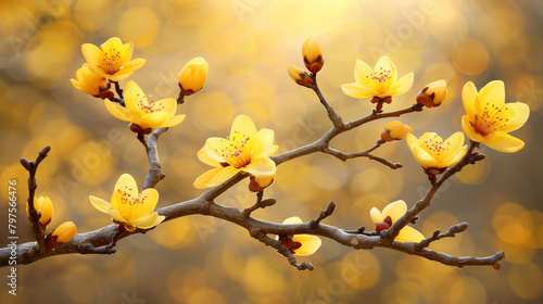 Golden blossoms: a tree in full bloom. A tree adorned with bright yellow flowers up close, showcasing the delicate beauty of nature in full bloom