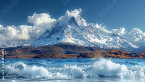 A snowcapped mountain overlooking a tranquil body of water under a cloudy sky