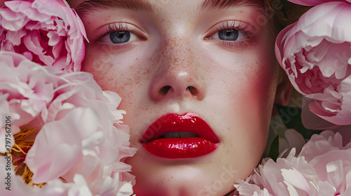 Close-up of a girl's face with clear skin and red lipstick on her lips. The model is surrounded by pink peonies. creating an elegant look.  photo