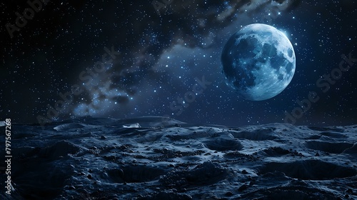 Moonlit Cratered Surface Celestial Night Sky Backdrop - Starry Landscape