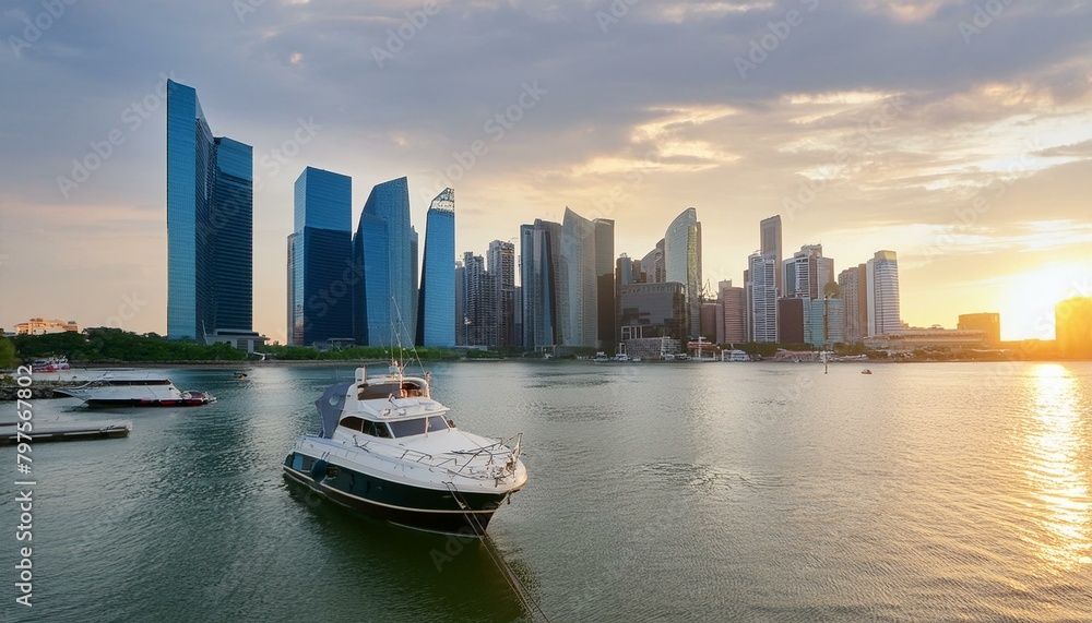 Obraz premium Urban skylines at sunset. Stunning image captures essence of modern cityscape showcasing dynamic interplay of architecture business and life. Towering skyscrapers dominate city economic and design