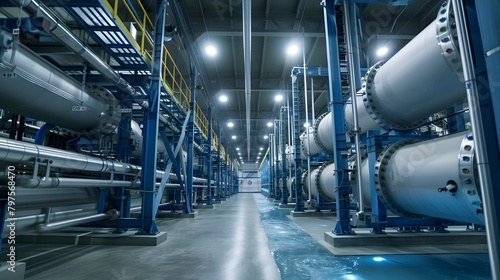 Industrial Interior of Modern Desalination Facility with Reverse Osmosis Membranes Showcasing