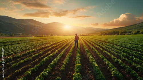 Young skilled farmer working and standing at rice field sunset with golden ray. Agricultural people or researcher checking his crop while standing at farm. Agriculture sustainable concept. AIG42.